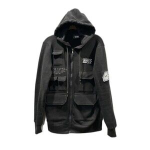 Time + Space Black Utility Hoodie S | Tactical Pocket Zip Sweatshirt Streetwear